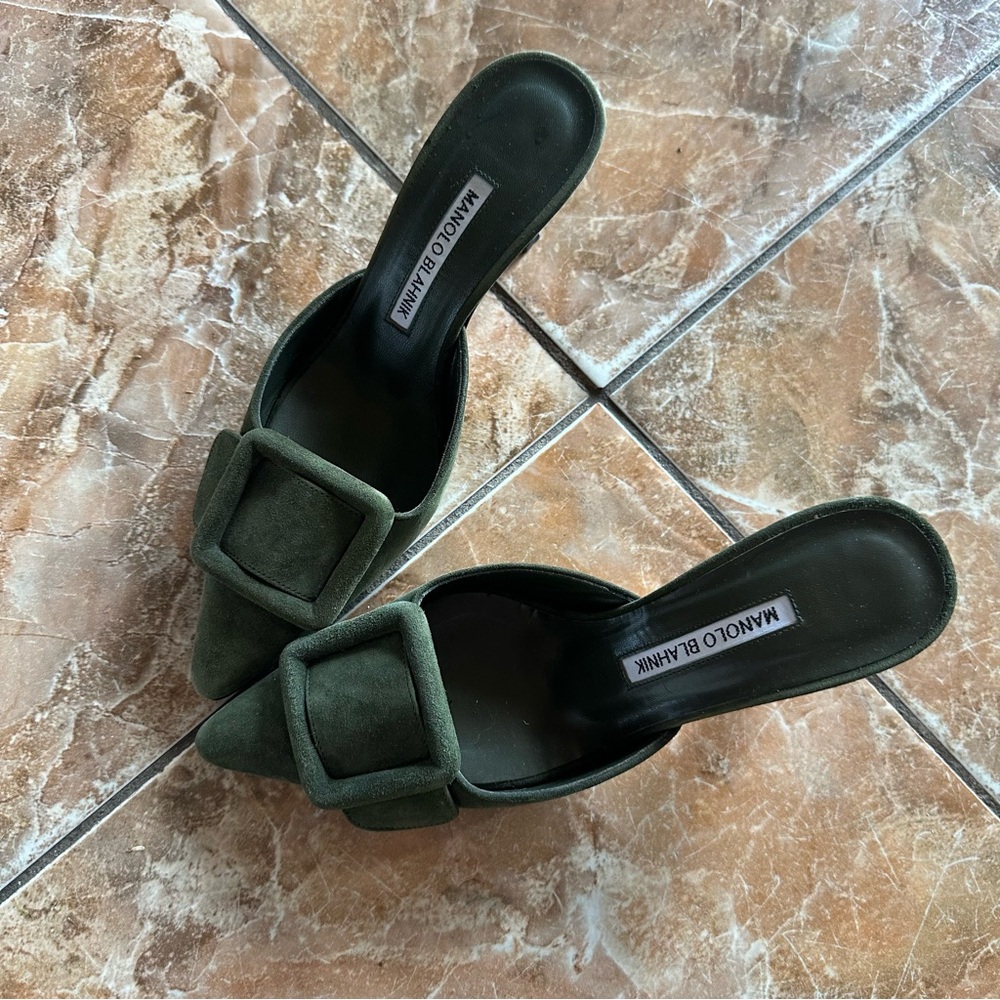 Manolo Blahnik Maysale Dark Green Mules
